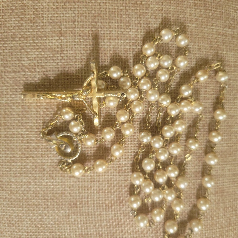 Vintage Faux Pearl Rosary Gold Tone Crucifix Taiwan 26 Inch Size 26in Bridal